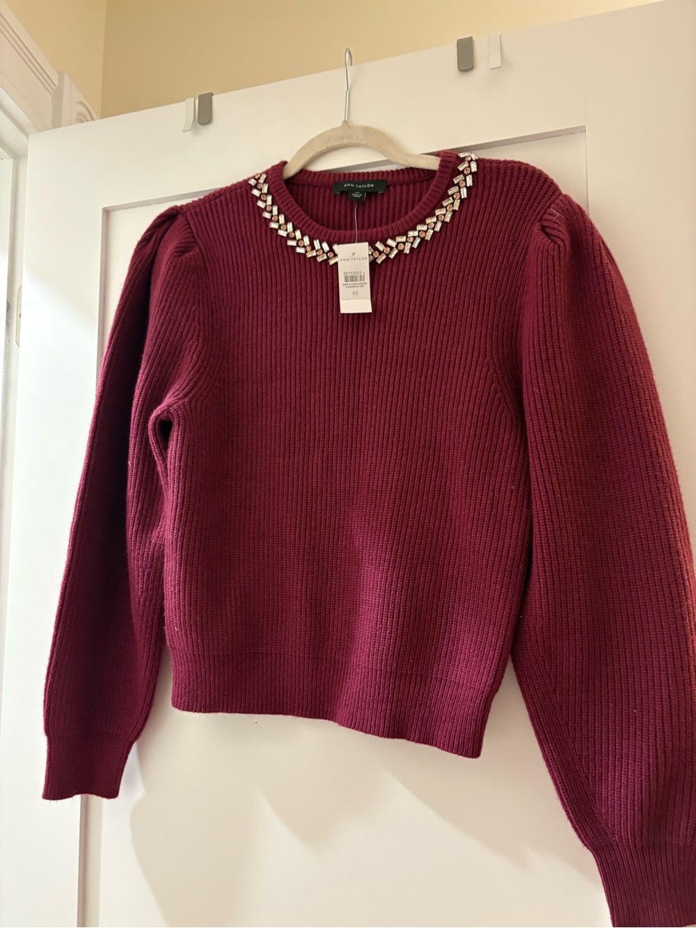 Ann Taylor Wine Red Jeweled Crewneck Sweater